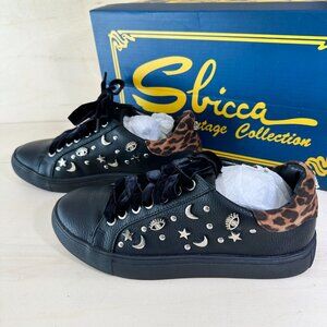NIB Sbicca Clark Sneakers Moon Stars Night Sky Black Leopard Heel 6 Women Mystic